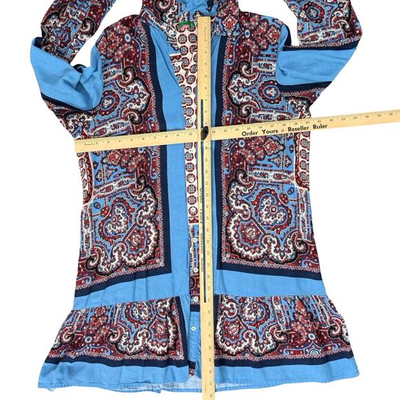 Farm Rio Blue Red White Paisley Collared Button Up Shirt Ruffle Mini Dress sz L - Picture 5 of 16